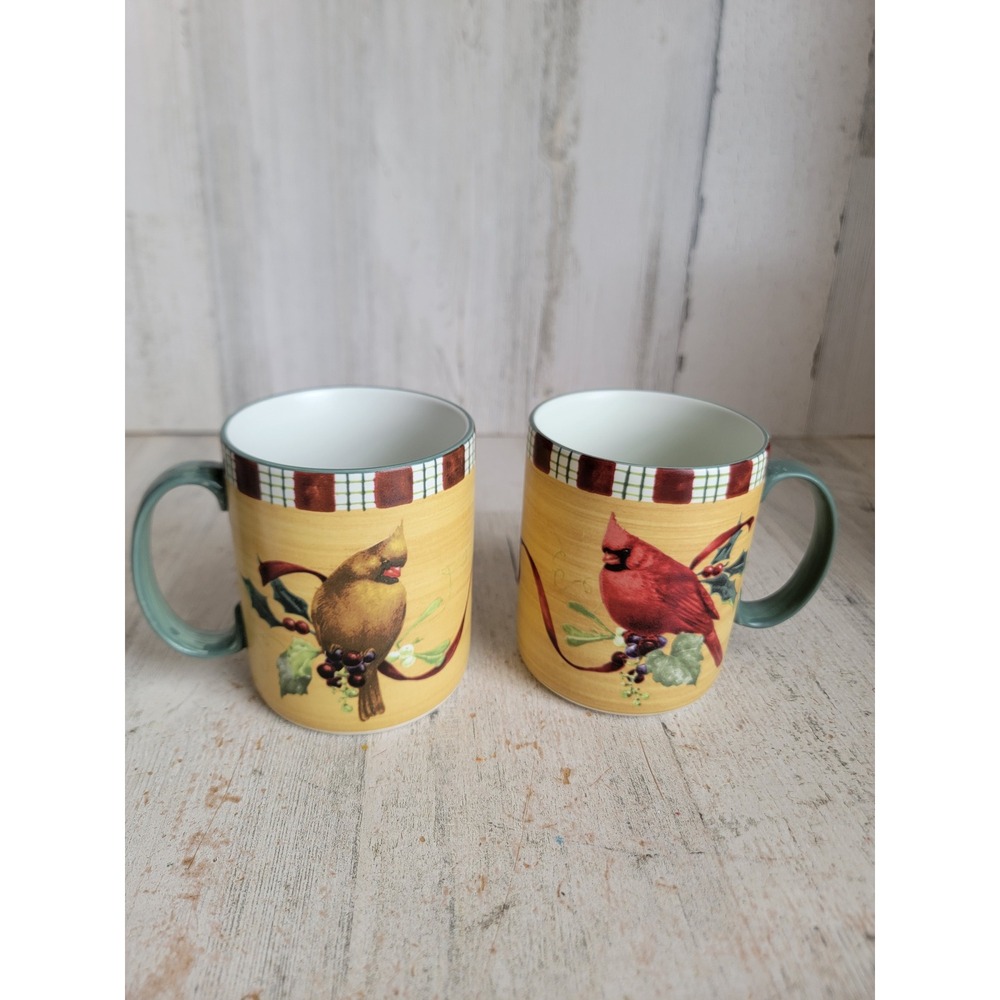 Lenox winter greetings red cardinal female male Xmas mug cup set mistletoe bird